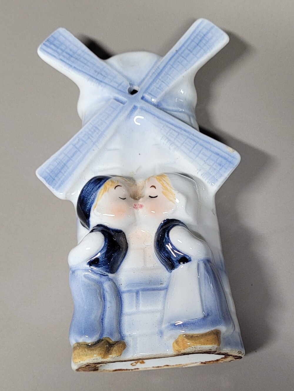 Blue Ceramic Dutch Windmill Kissing Couple Delft Art